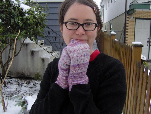 hand dyed traditional mittens - modeled